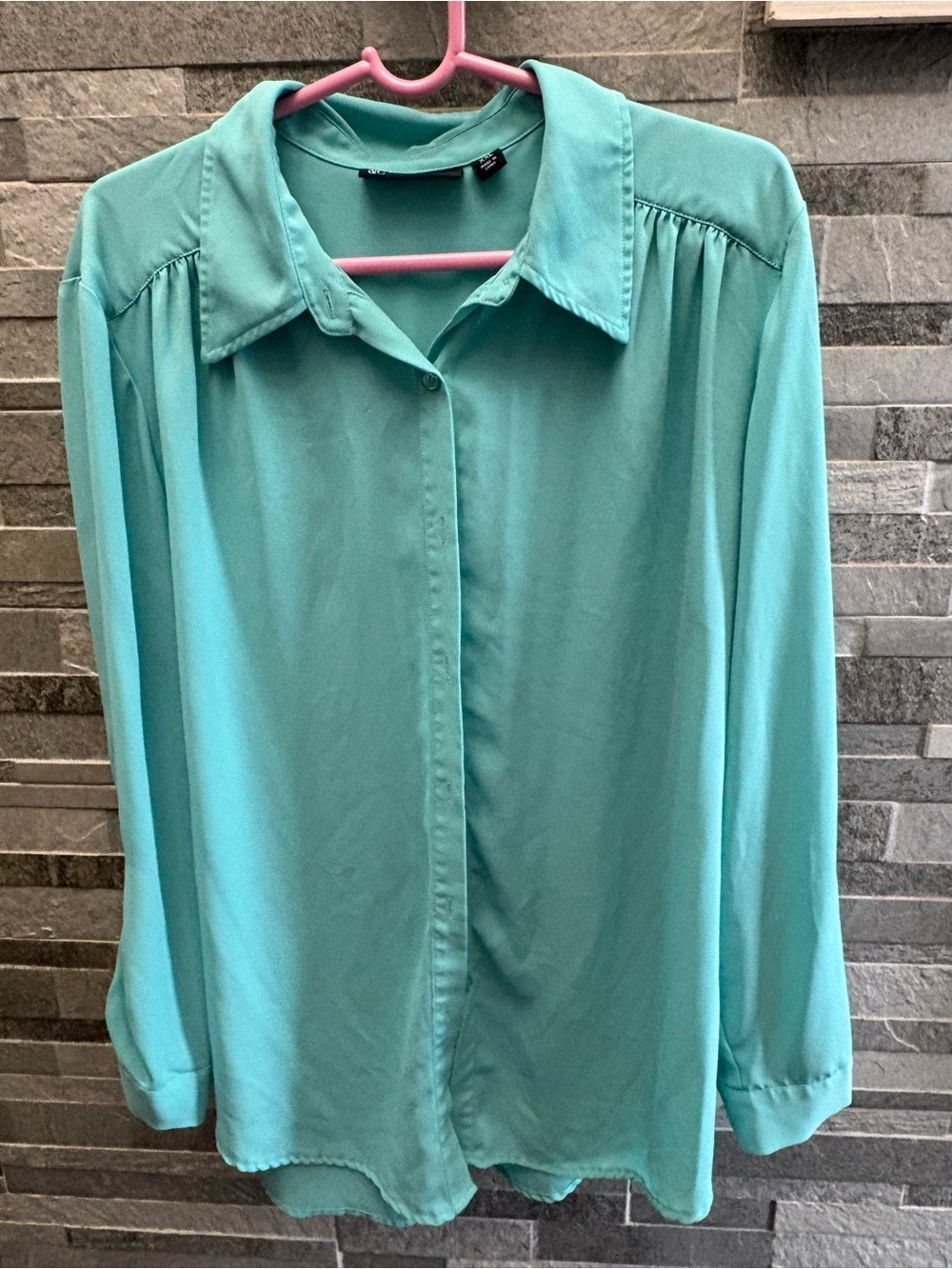 New York & Company Teal Button-Front Long Sleeve Blouse